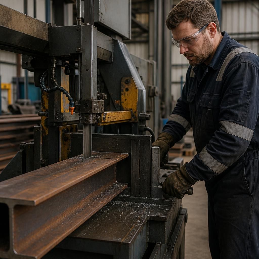 Fabricator using a bandsaw to cut a steel beam to length in a workshop
