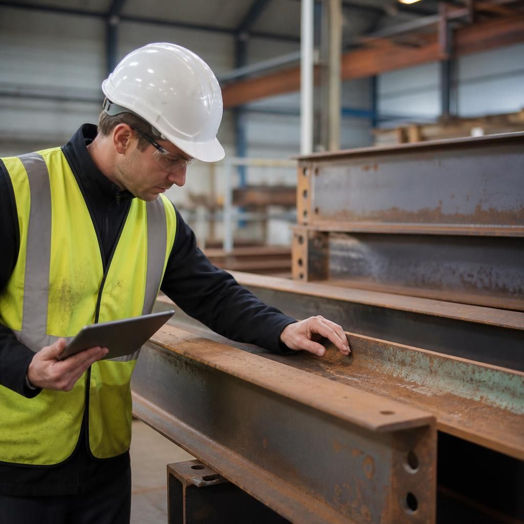 Structural engineer reviewing a used steel beam for integration into a building frame
