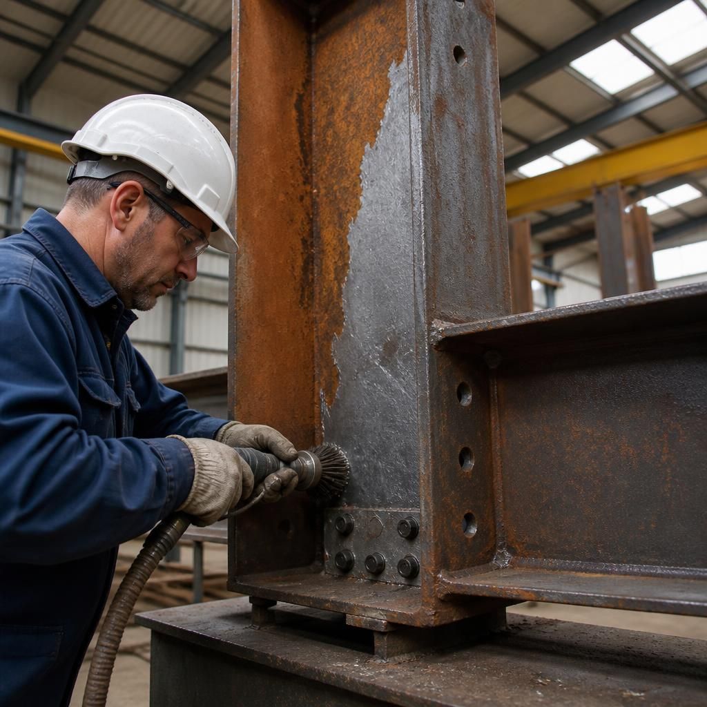 Used steel beam with partially removed coating and visible surface rust