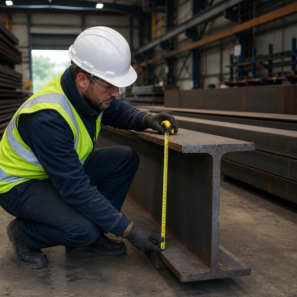 Structural engineer measuring a used steel beam with a tape measure