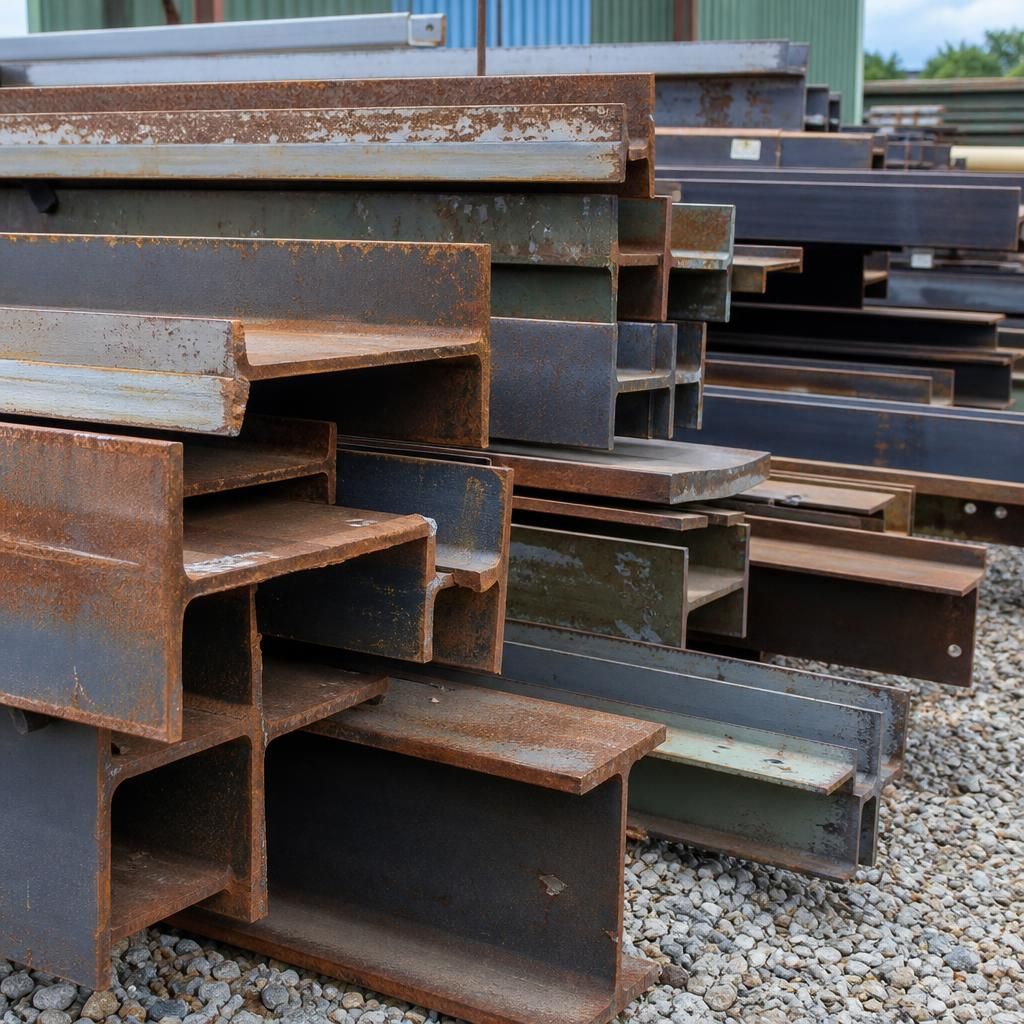 Stacked reclaimed steel beams in different sizes and section profiles
