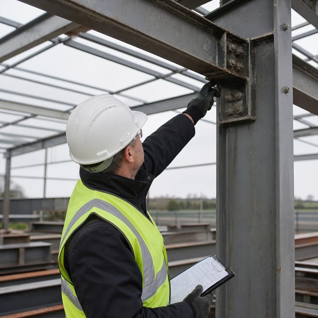 Structural engineer examining steel frame connections and marked building components