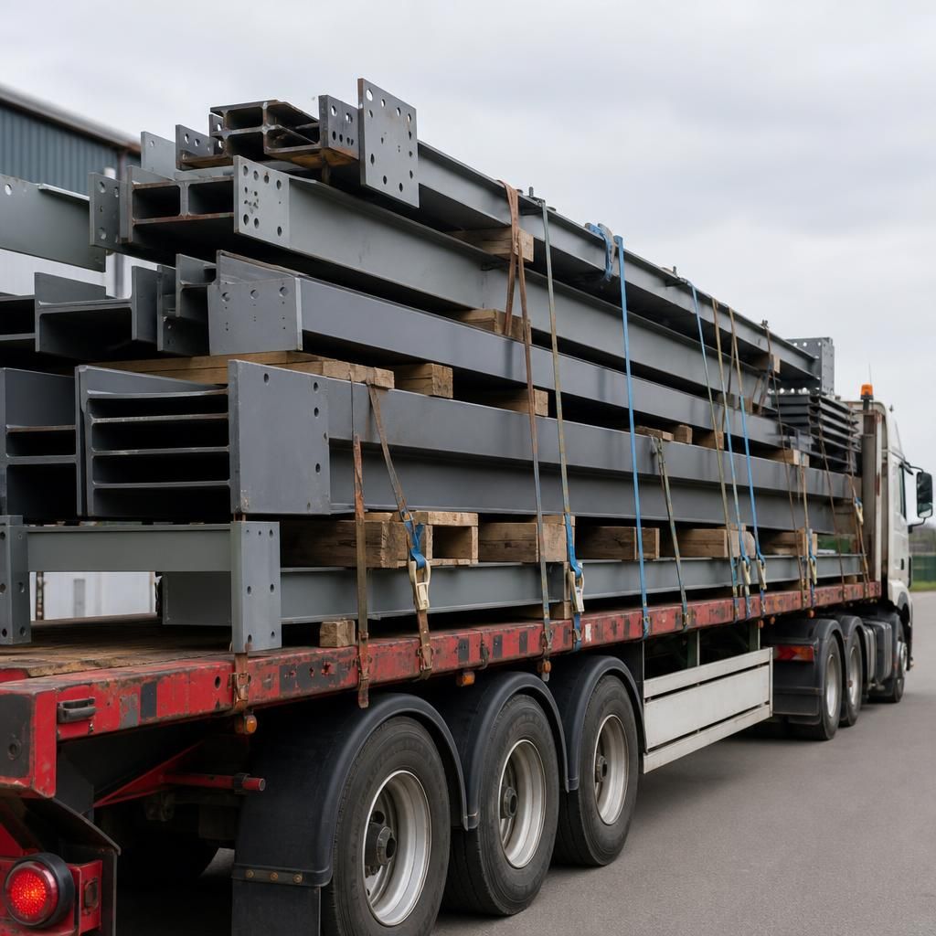Marked steel building sections secured on a flatbed trailer for delivery