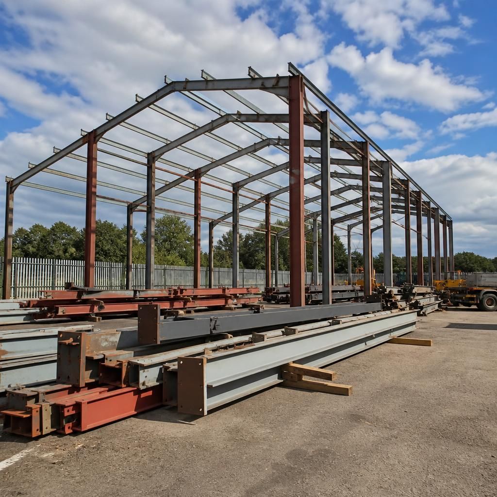 Used steel building frame with labelled components awaiting assessment