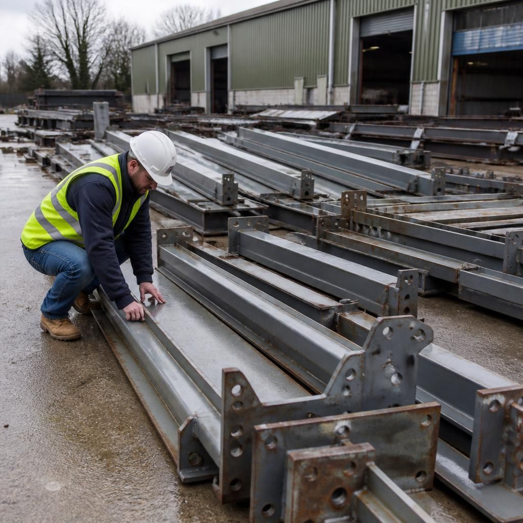 Used steel columns, rafters and connection components arranged for inspection