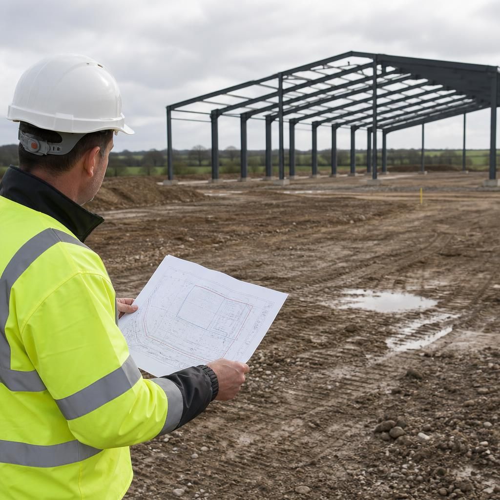 Surveyor reviewing a site plan beside a proposed steel building location