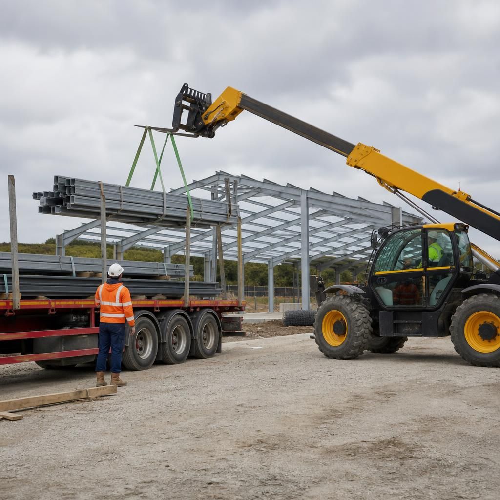 Telehandler unloading bundled steel frame components beside a prepared building site