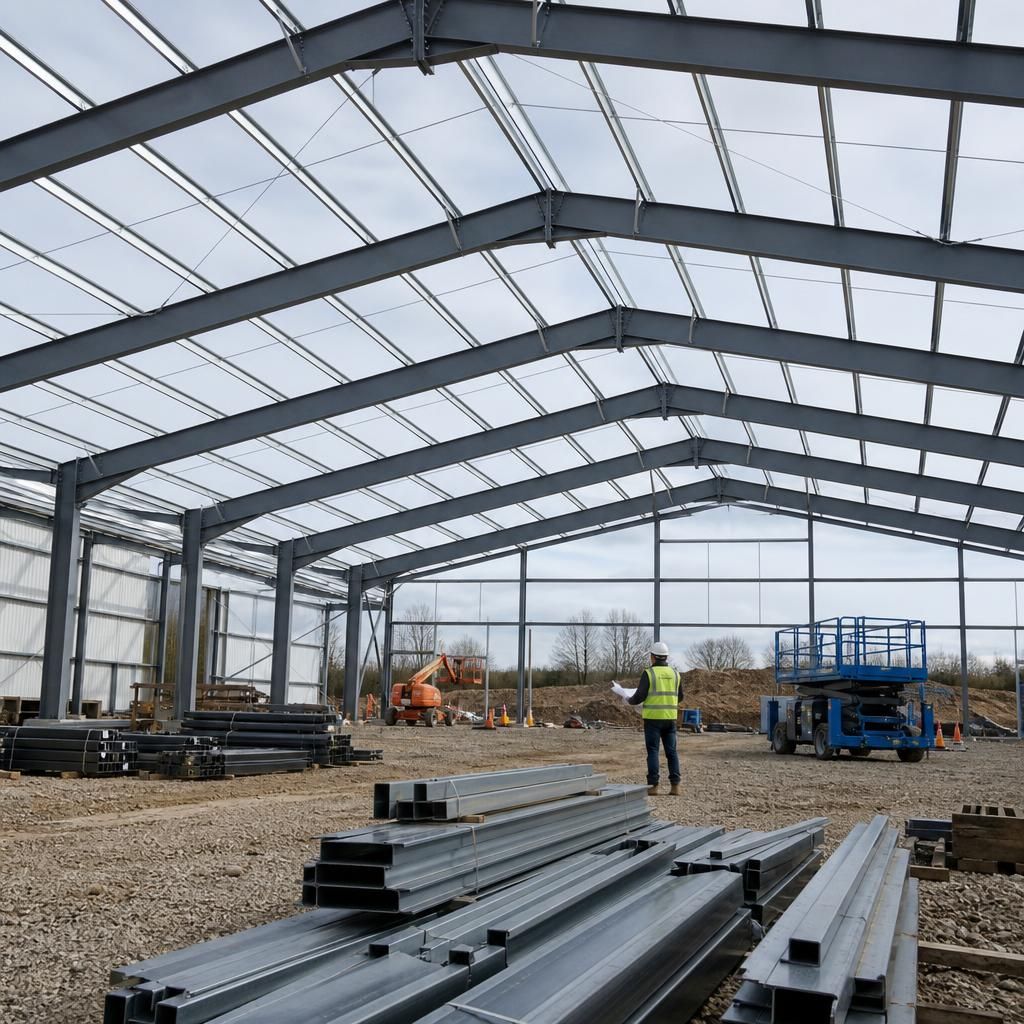Steel portal frame showing columns, rafters and roof purlins inside a building