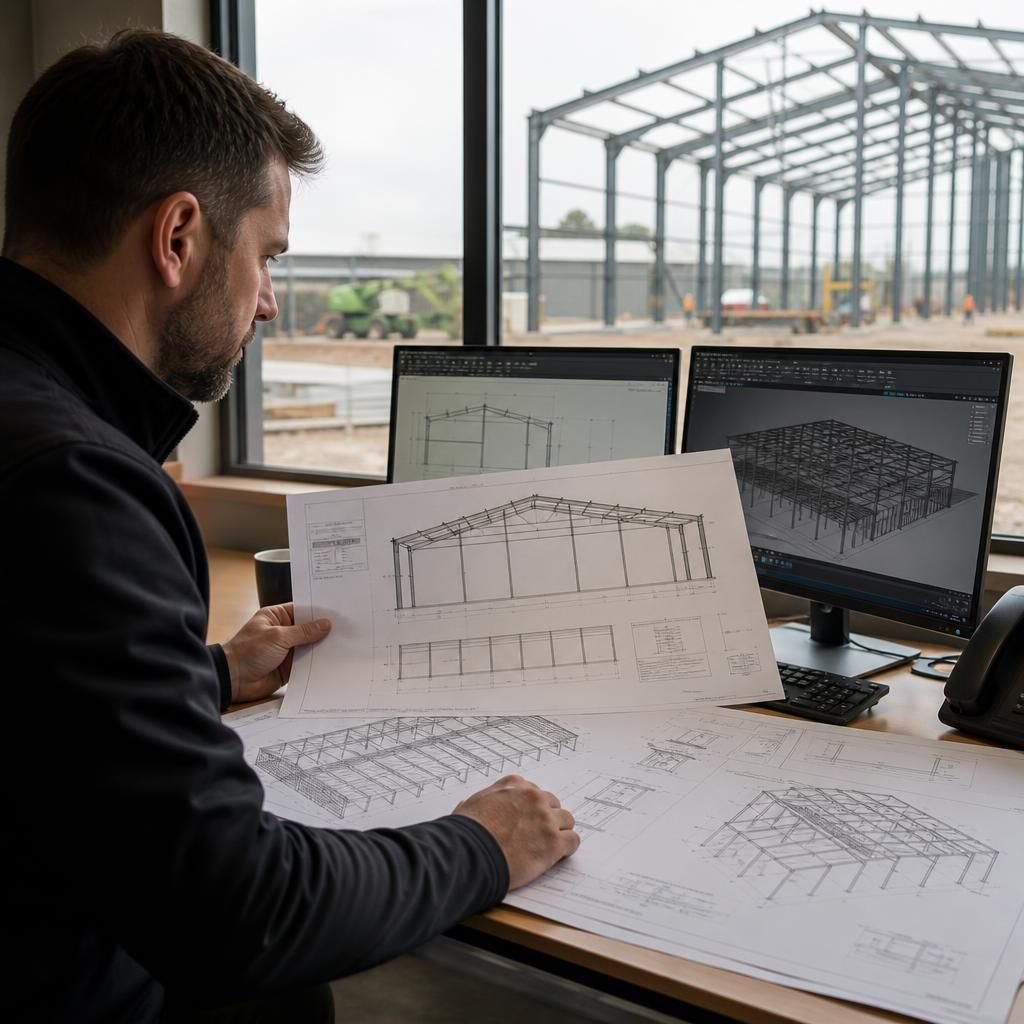 Steel frame elevation and fabrication drawings laid out for review