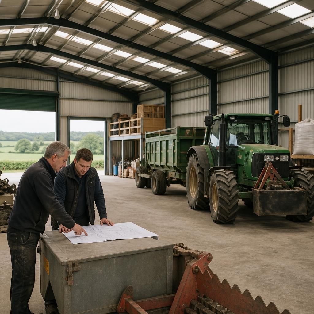 Steel framed agricultural building with machinery, storage bays and vehicle access