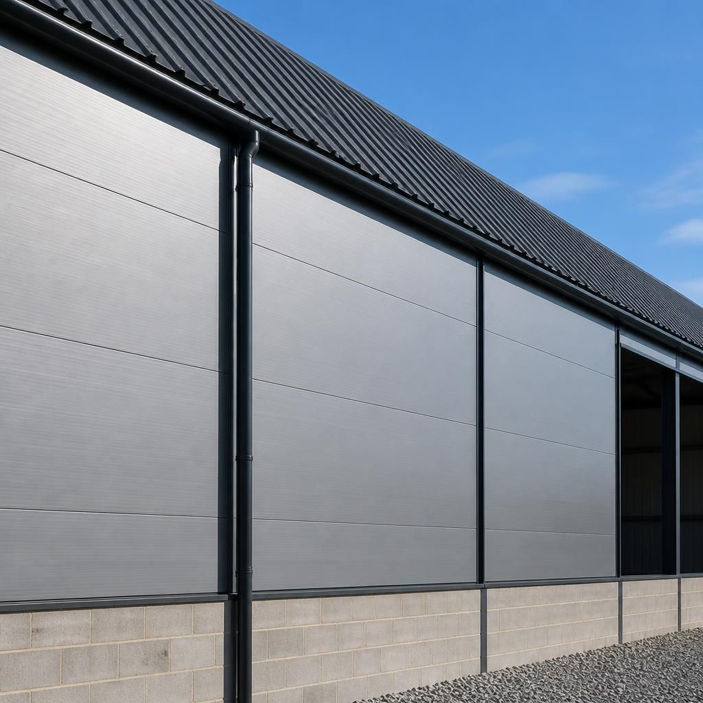 Steel building wall with insulated composite panels and profiled roof sheeting