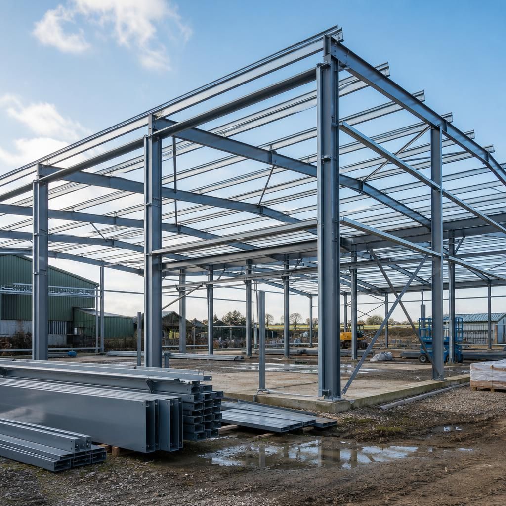 Steel building kit components ready for delivery and assembly